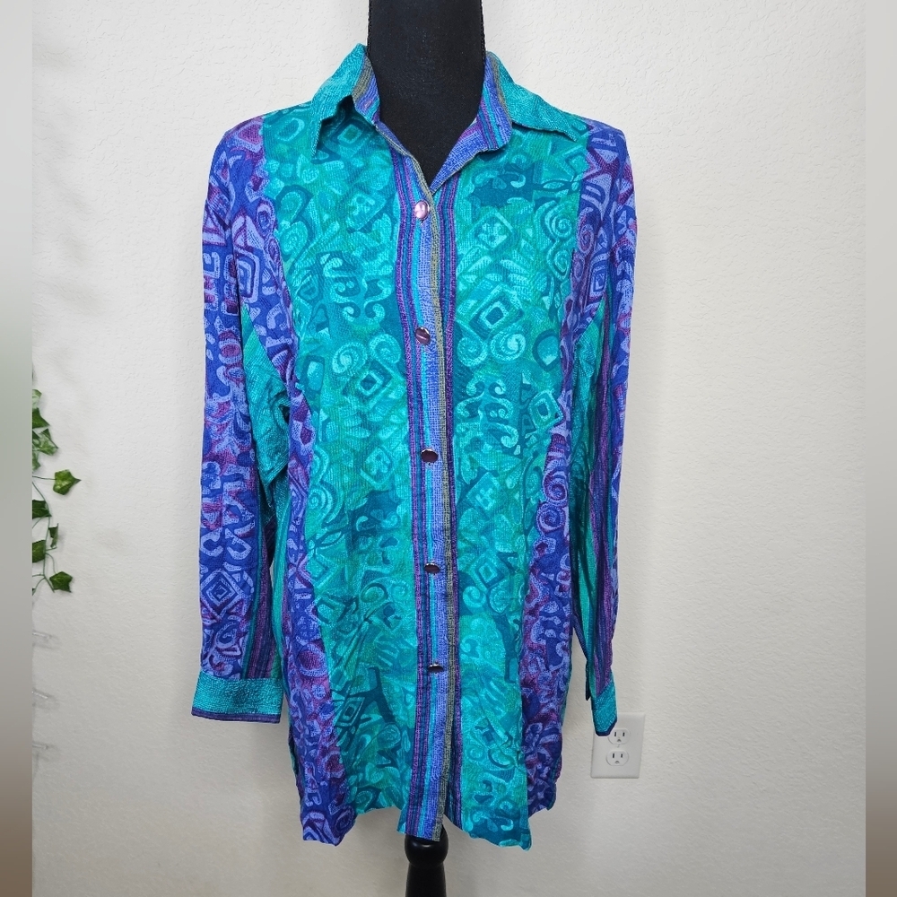 Ruth Norman Vintage Abstract Print Vibrant Teal and Purple Button Down Shirt